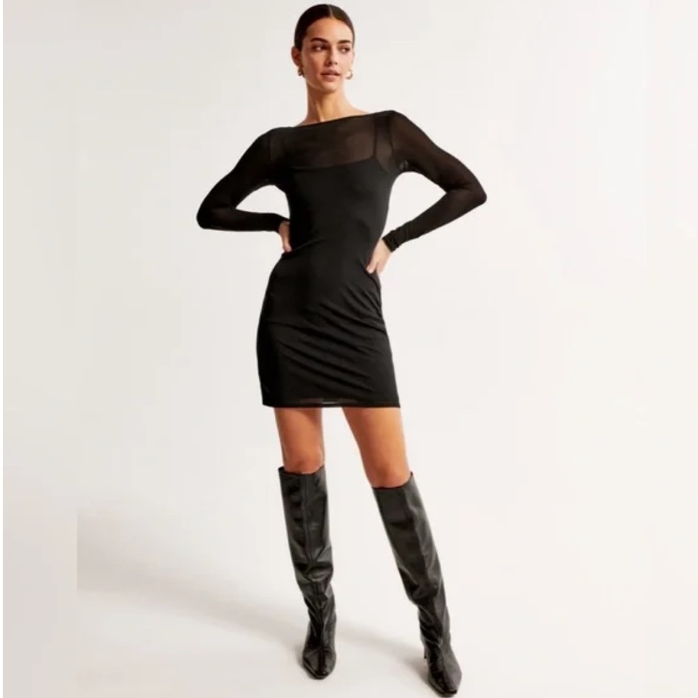 Abercrombie & Fitch Black Long-Sleeve Mesh Yoke Mini Dress